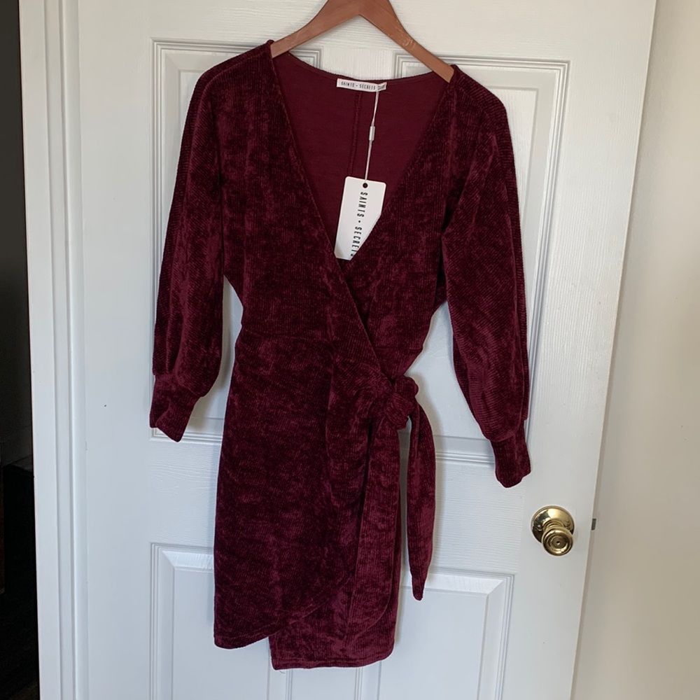Burgundy velvet Saints + Secrets cocktail dress